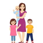 Young woman mother and her kids daughter, son and newborn baby standing vector illustration isolated